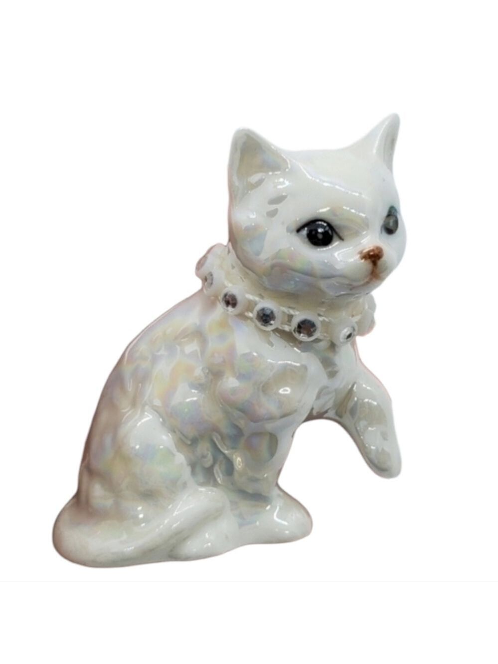 ​Vintage 1989 Enesco Iridescent White Cat Figurine Rhinestone Collar Raised Paw